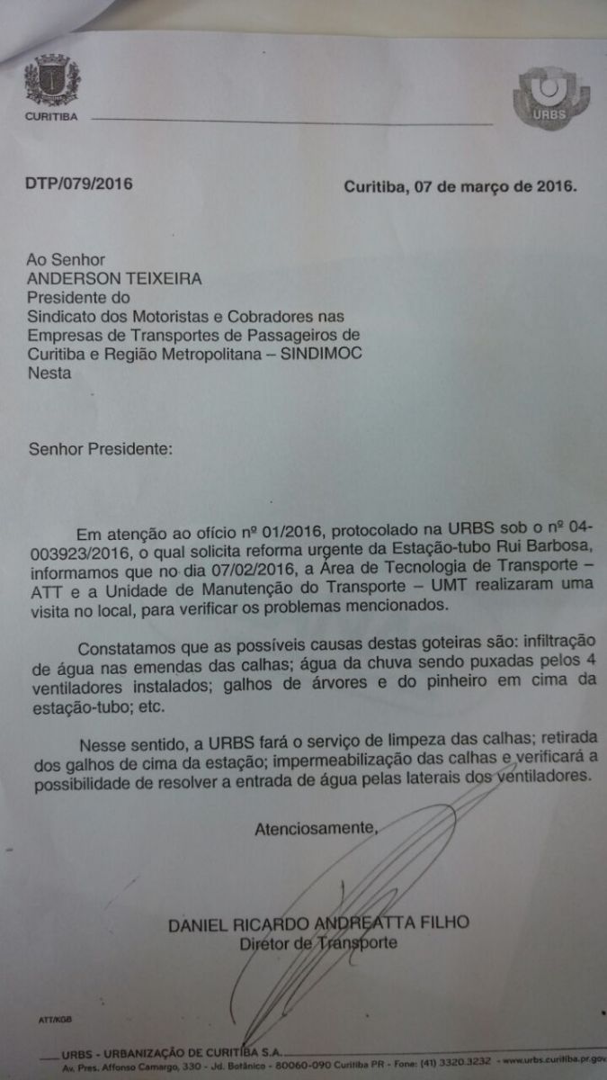 Resposta da URBS ao Sindimoc, enviada agora em março.
