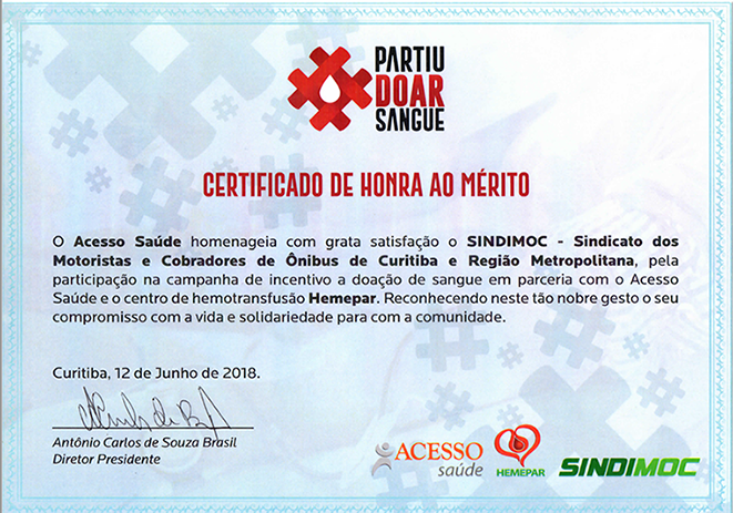 Acesso Saúde reconhece SINDIMOC pela campanha #PartiuDoarSangue