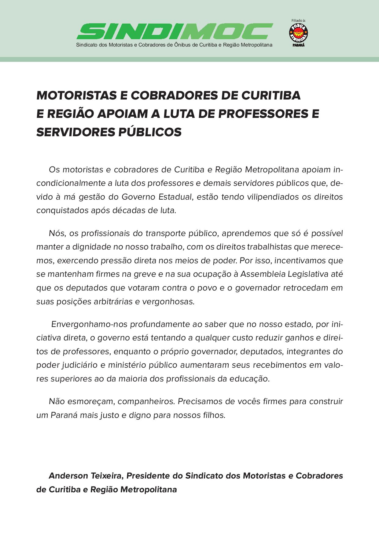 Motoristas e cobradores de Curitiba e região apoiam a luta de professores e servidores públicos